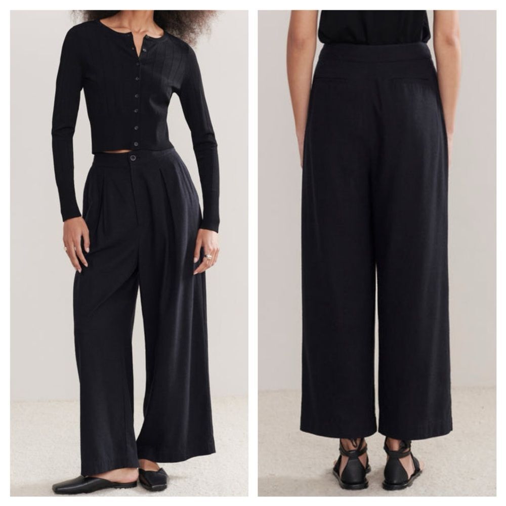 Jenni Kayne Black Relaxed Trouser Pants Wide Leg 100% Raw Silk High Waist sz 10